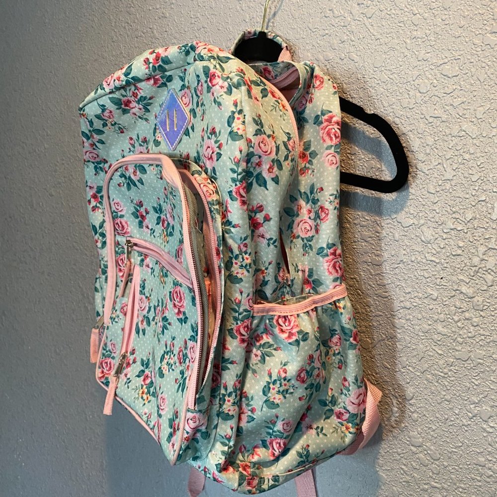 Light Blue Floral Pink Roses Backpack - Picture 2 of 8